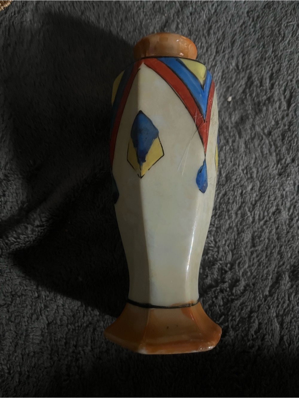 Hand-Painted Ceramic Vintage Vase in Cream with Blue, Red, and Yellow Accents.